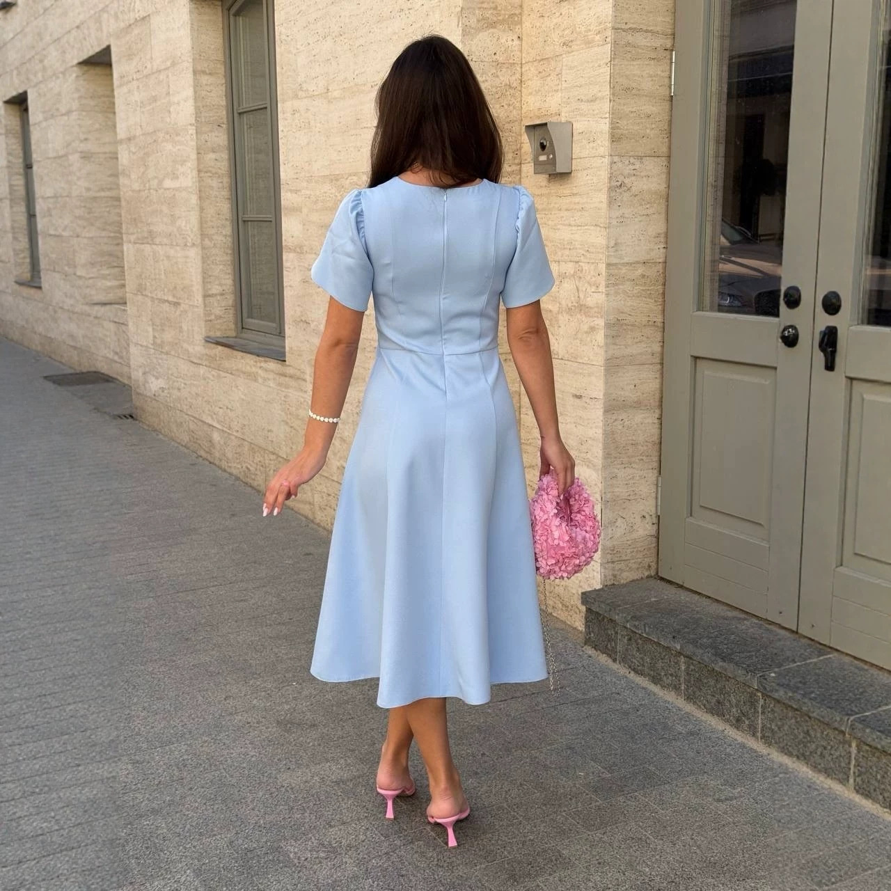 Solid Color A-Line Dress with Waist-Cinching Design