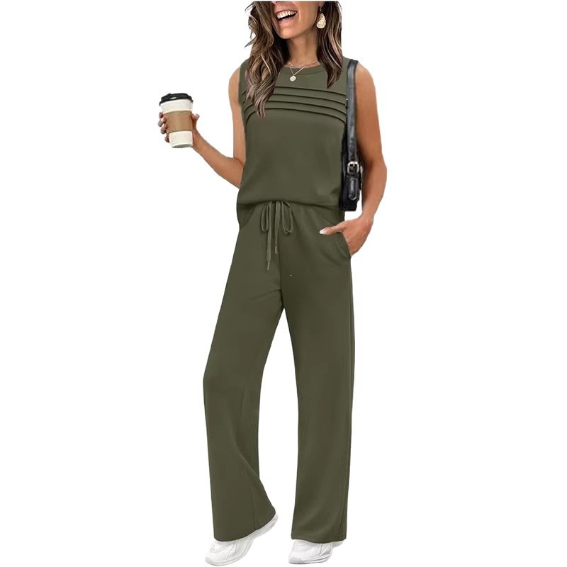 Women's Textured Sleeveless Vest & Wide-Leg Pants Set with Drawstring Pockets