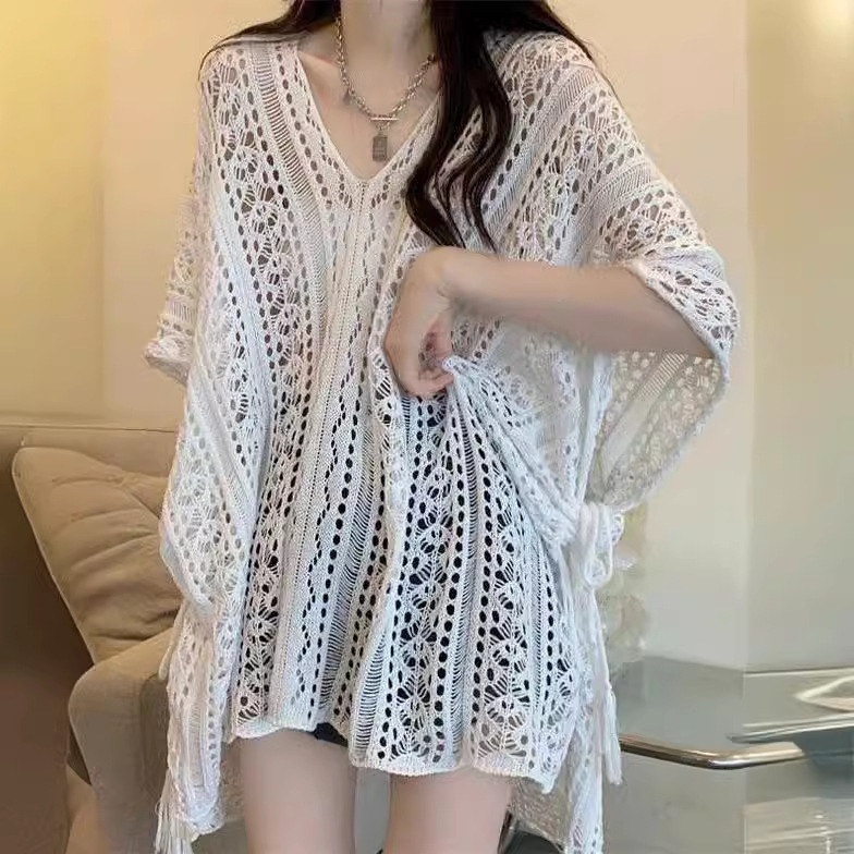 Openwork Short-Sleeve Knit Top Women's Loose Lightweight Sun Protection Cover-Up