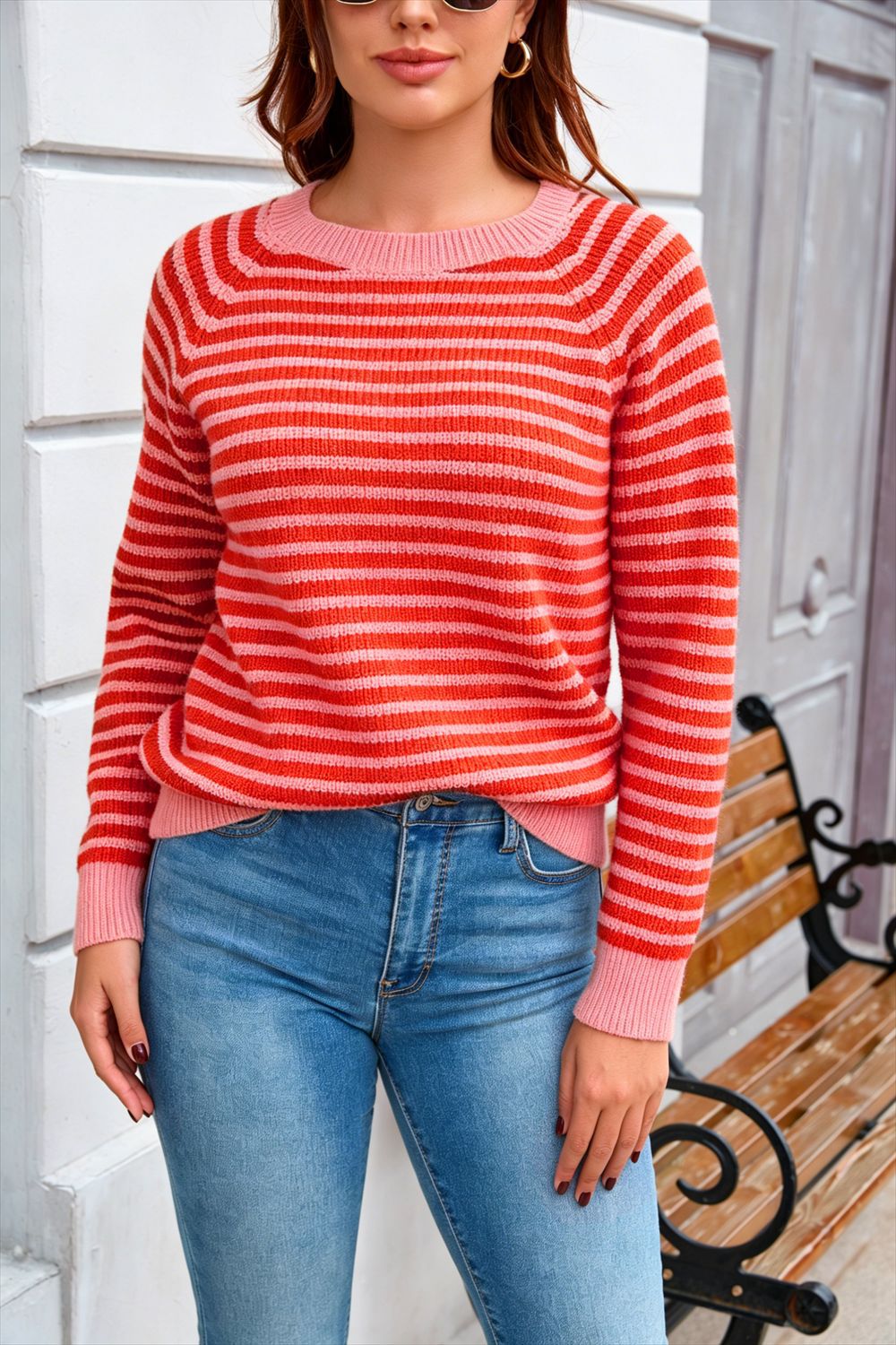 Plus Size Striped Colorblock Crewneck Knit Sweater Long Sleeve Pullover