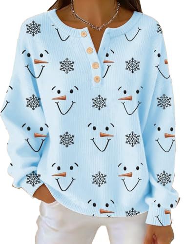 Women's Snowman Carrot Snowflake Smiley Print Button Sweatshirt