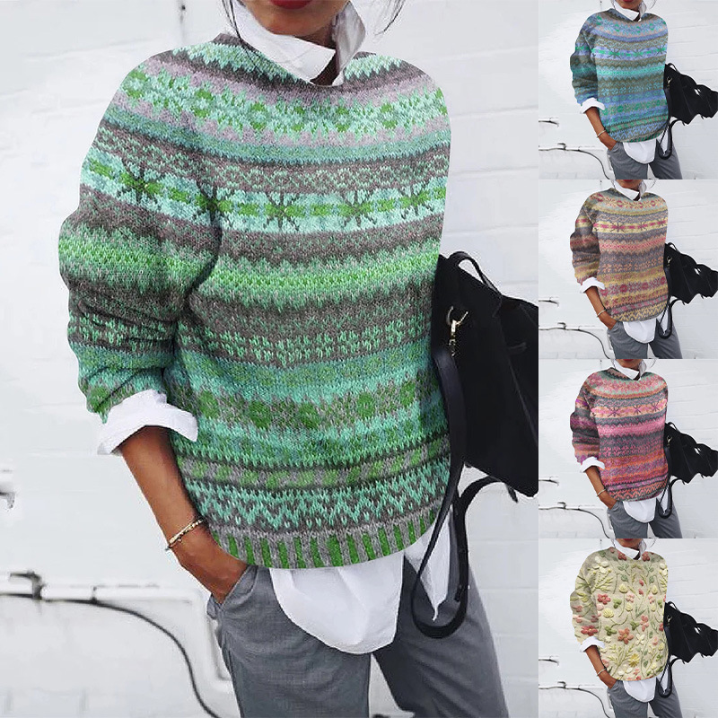 Women's Colorblock Crewneck Pullover Knit Sweater Loose Fit