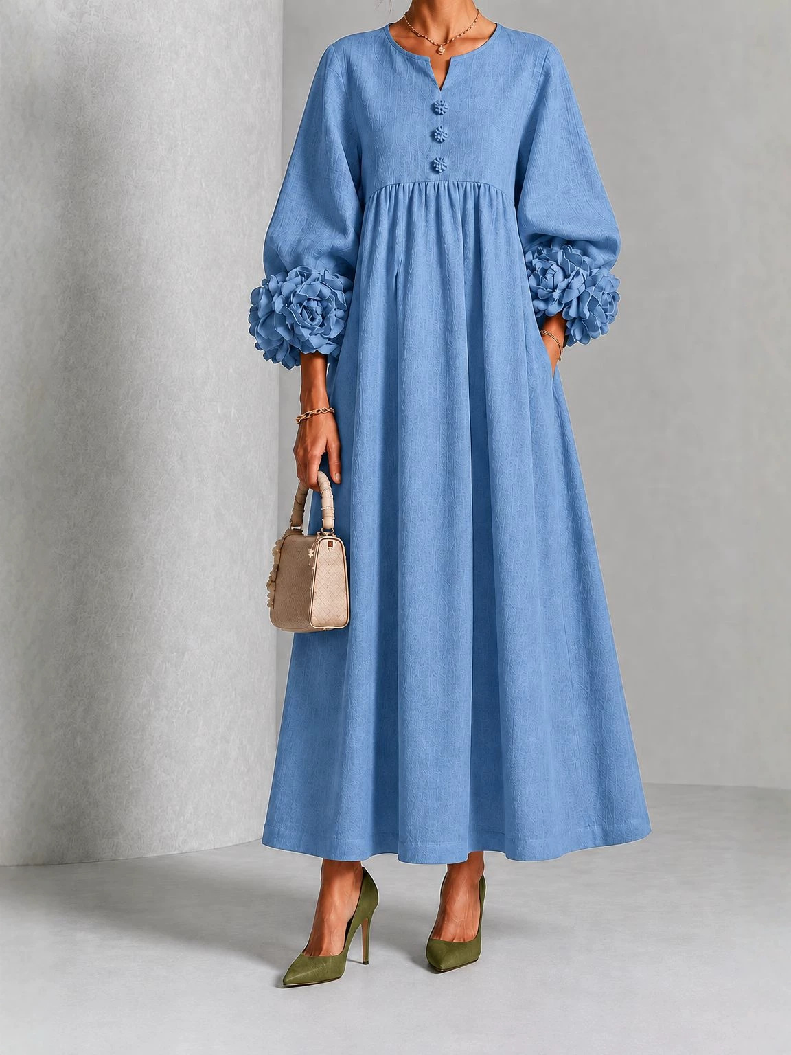 Women's Light Luxury Solid Color Dress with Floral Lantern Sleeves, V-Neck, High Waist, Pleated A-Line Long