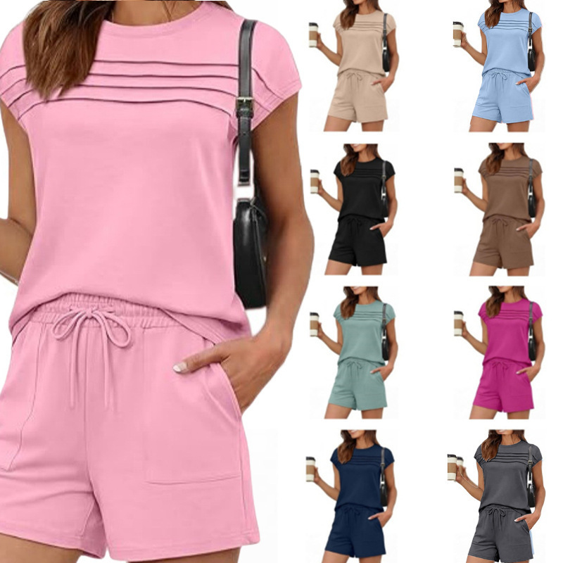 Women's Summer Striped Textured Short Sleeve Top and Shorts Solid Color Set