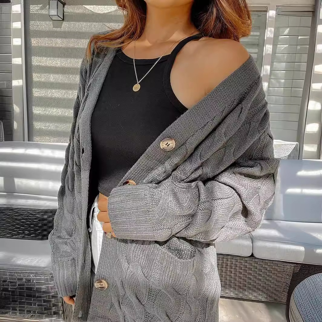 Solid Cable-Knit Long Cardigan with Pockets