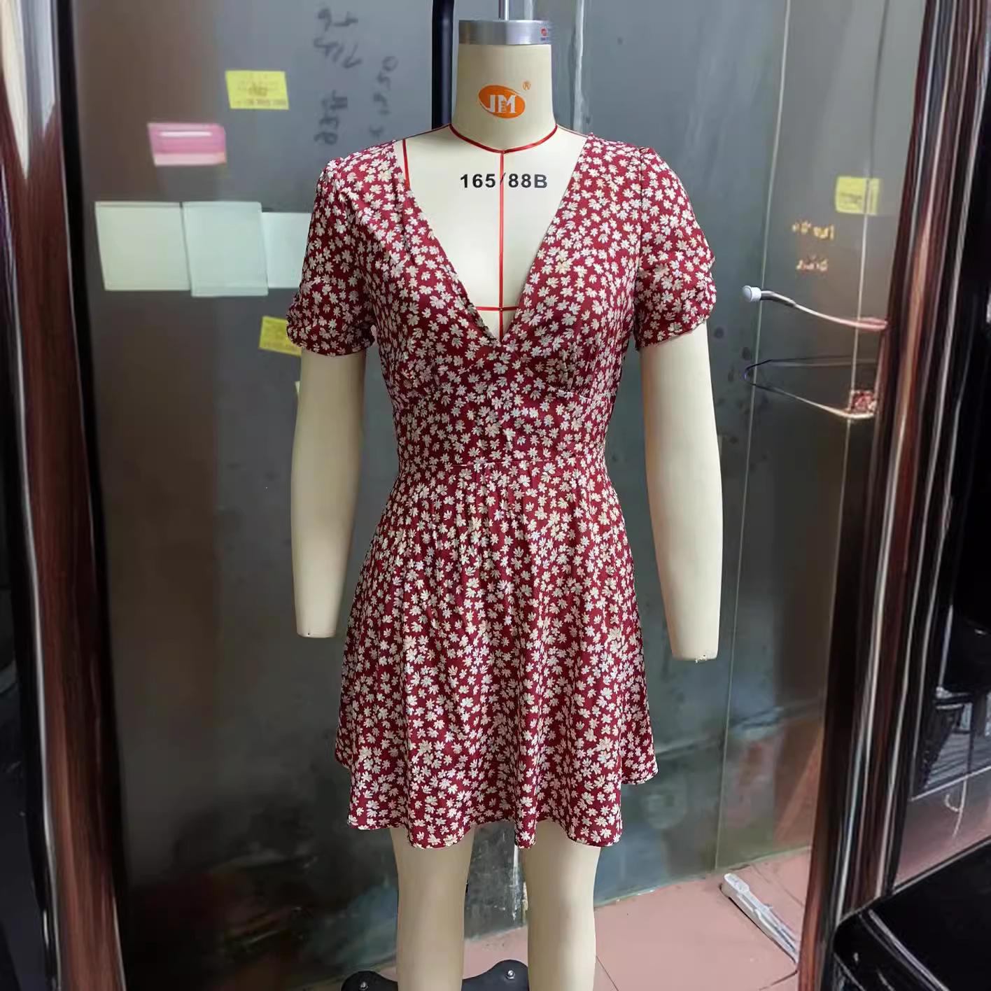 V-Neck Waist-Defined Digital Print Short-Sleeve Zip Dress