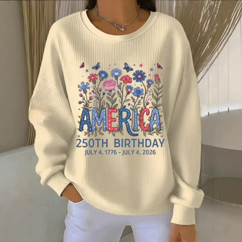 Women's Crewneck Sweatshirt with American Letter Star Flower Print