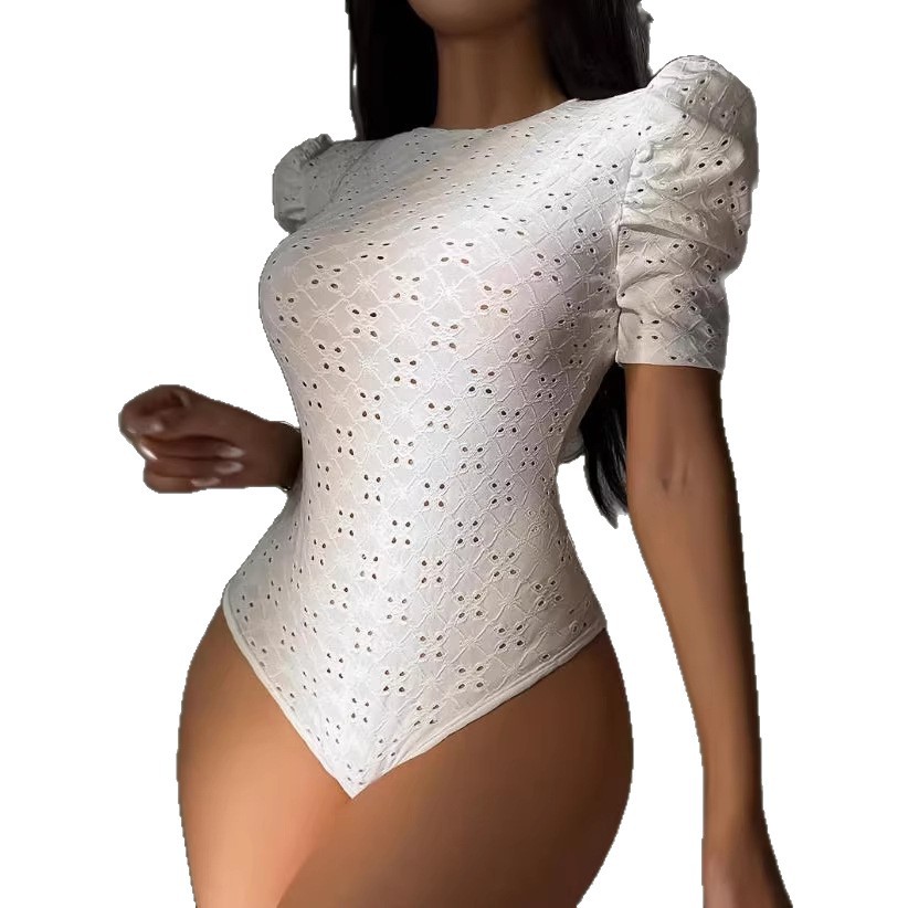Women's Hollow Embroidered Jacquard Solid Color Bodysuit Beach Resort Top
