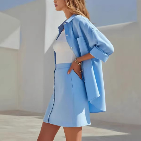 Women's Collared Long Sleeve Shirt and Button Skirt Linen-Blend Two-Piece Set