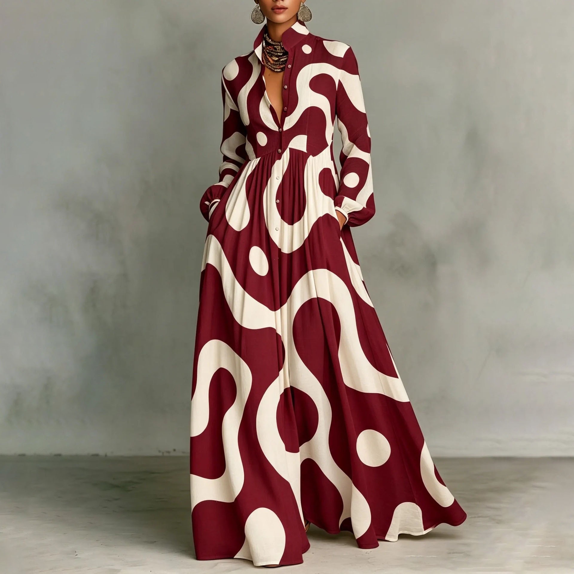 French Style Printed Long Dress with Collar, Loose Casual Vacation Dress