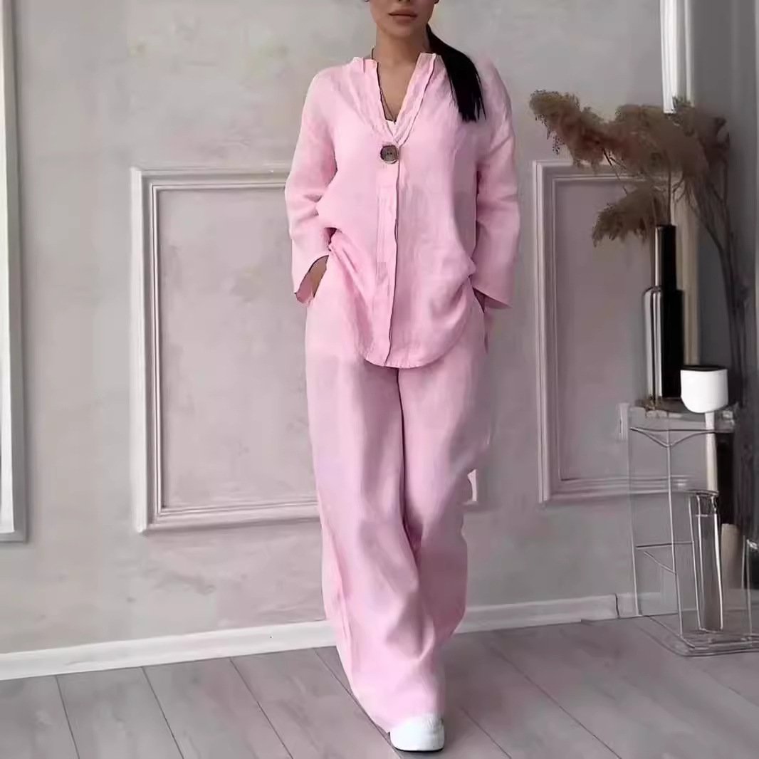 Women's Cotton-Linen Loose Top & Wide-Leg Pants Casual Set