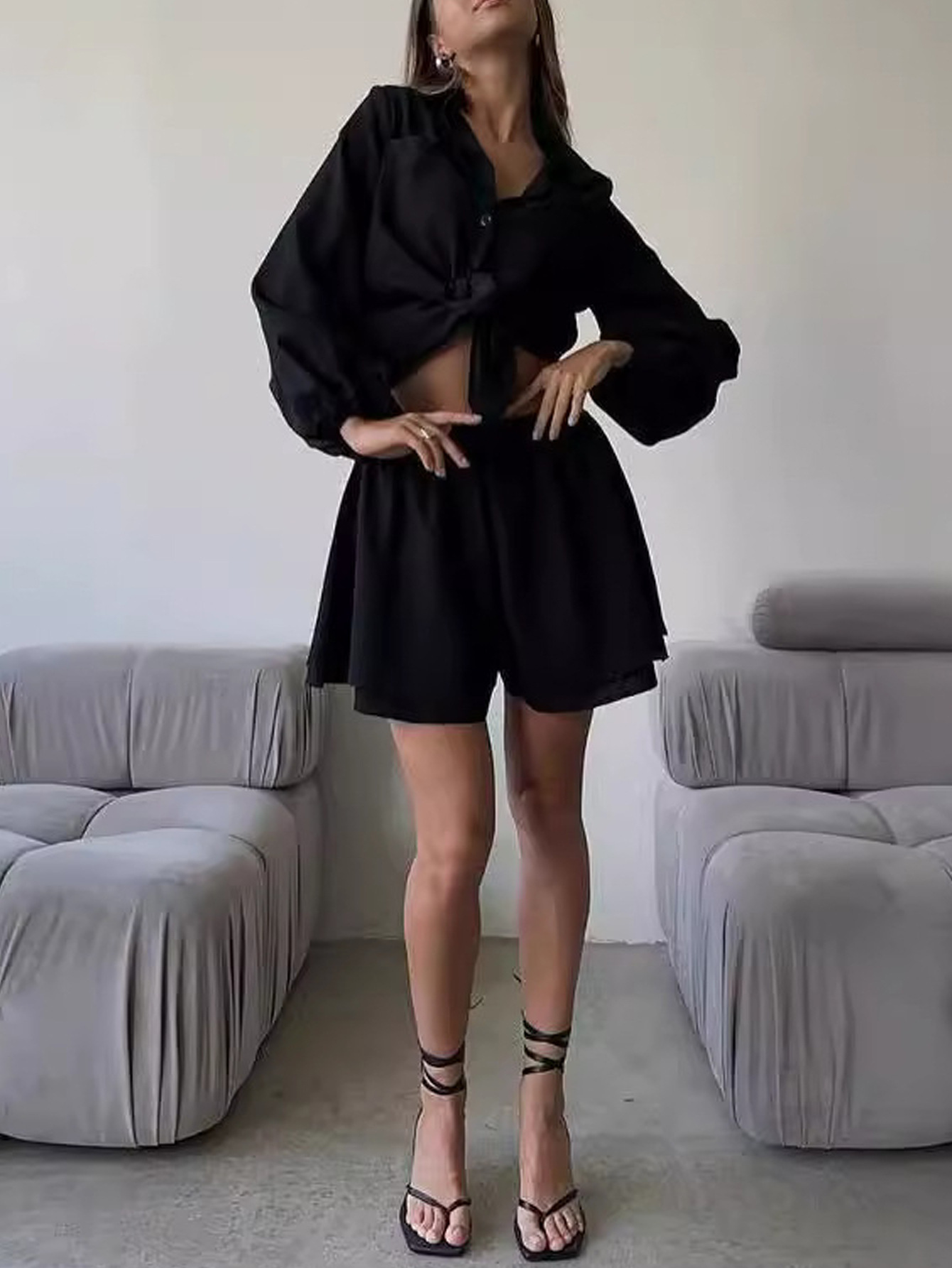 Women's Long Sleeve Ruffle Top and Shorts Casual Set