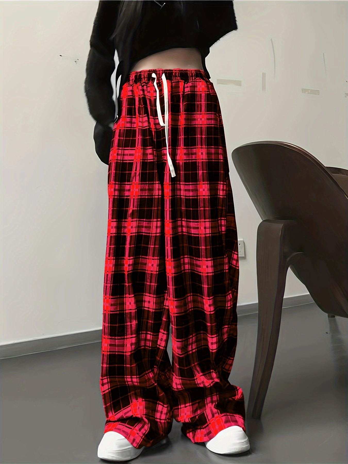 High-Waisted Straight-Leg Plaid Pants for Summer, Black and White