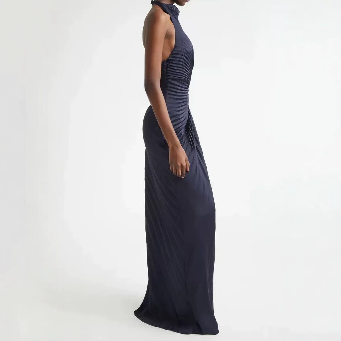 Navy Blue High-Neck Halter Pleated Long Dress with Twist-Front Waist
