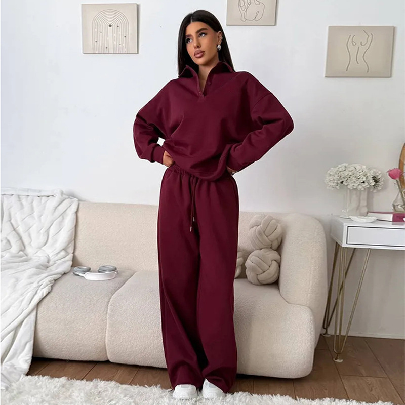 Women's Casual Two-Piece Sweatsuit Solid Color Buttoned Collar Top and Drawstring Pants