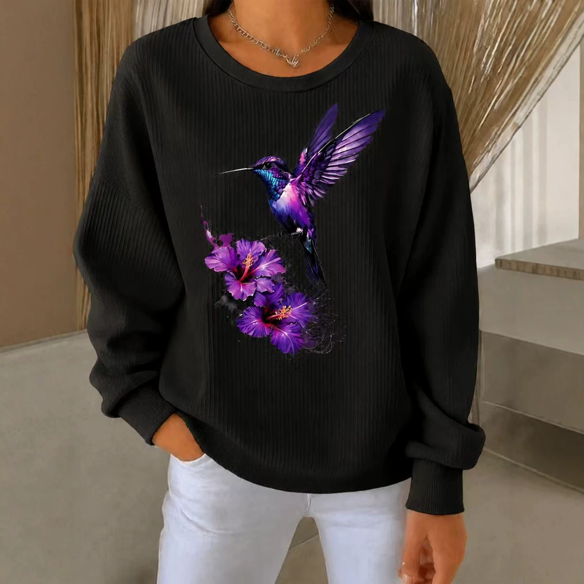 Purple Hummingbird Floral Print Crewneck Long-Sleeve Pullover Sweatshirt