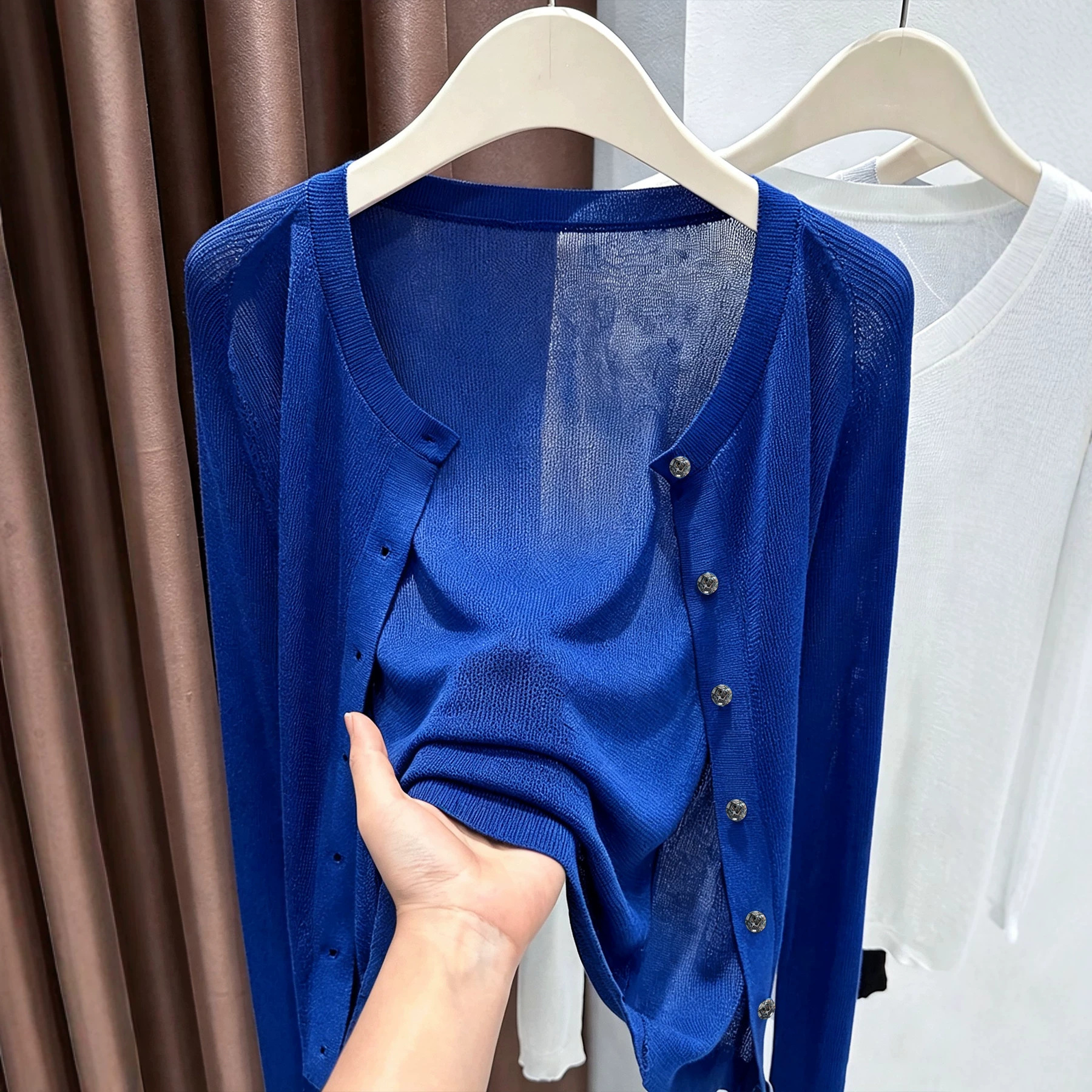 Women's Plus Size Knit Cardigan Button-Down Long Sleeve Crew Neck