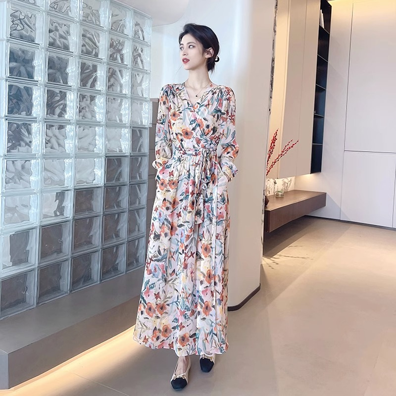 French Floral Long Sleeve Midi Dress V-Neck A-Line