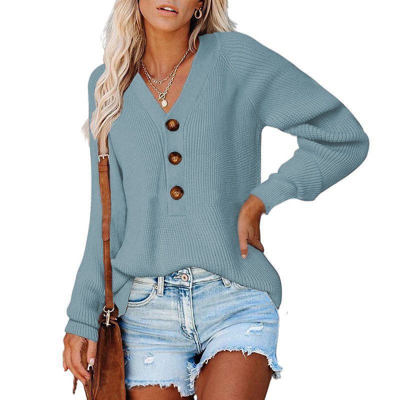 Button-Front V-Neck Knit Sweater for Women, Cotton Blend, Loose Fit, Long Sleeve