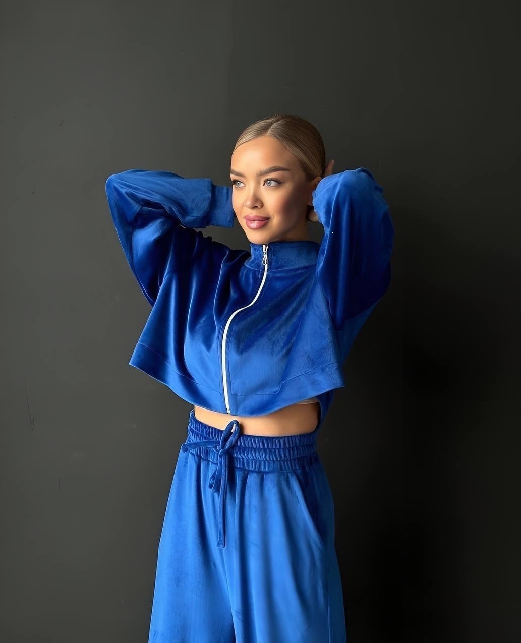 Women's Solid Color Long Sleeve Zip Cardigan & Wide Leg Pants Two-Piece Set