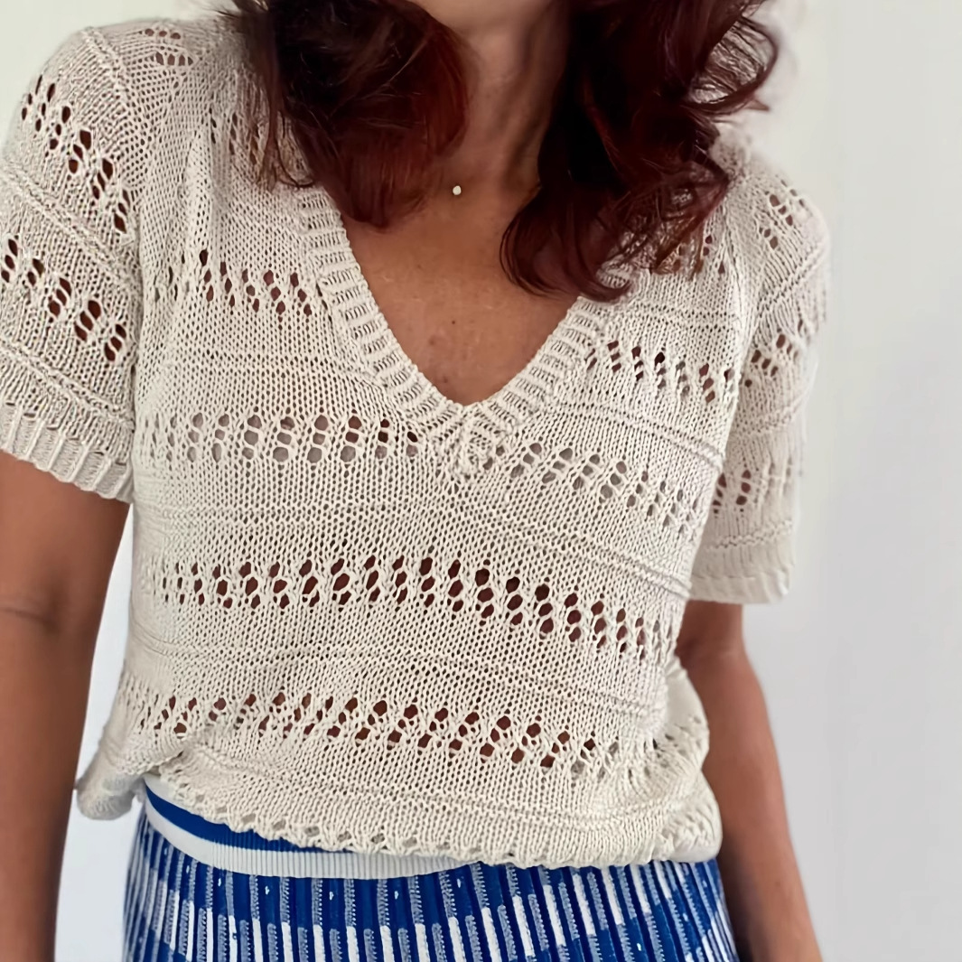 Women's Hollow-Out Pullover Knit Top Casual Crew Neck