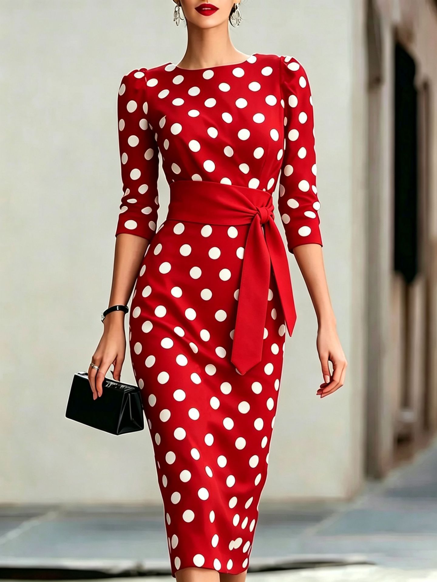 Color-Block Polka Dot Belted Slim Fit Long Sleeve Dress