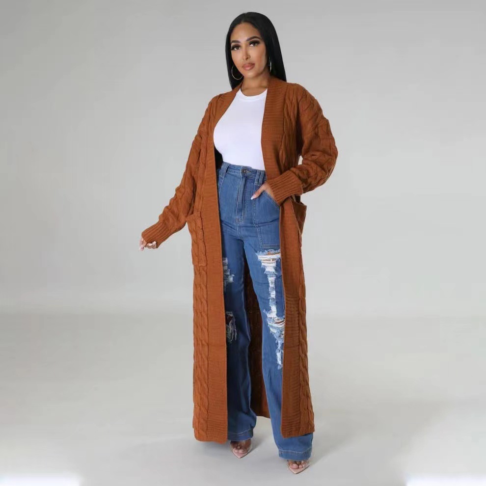 Cable-Knit Open-Front Long Cardigan with Pockets