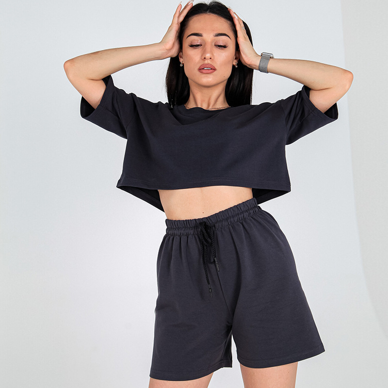 Women's Solid Color Cropped Short Sleeve Drawstring Shorts Set Casual Loose Fit