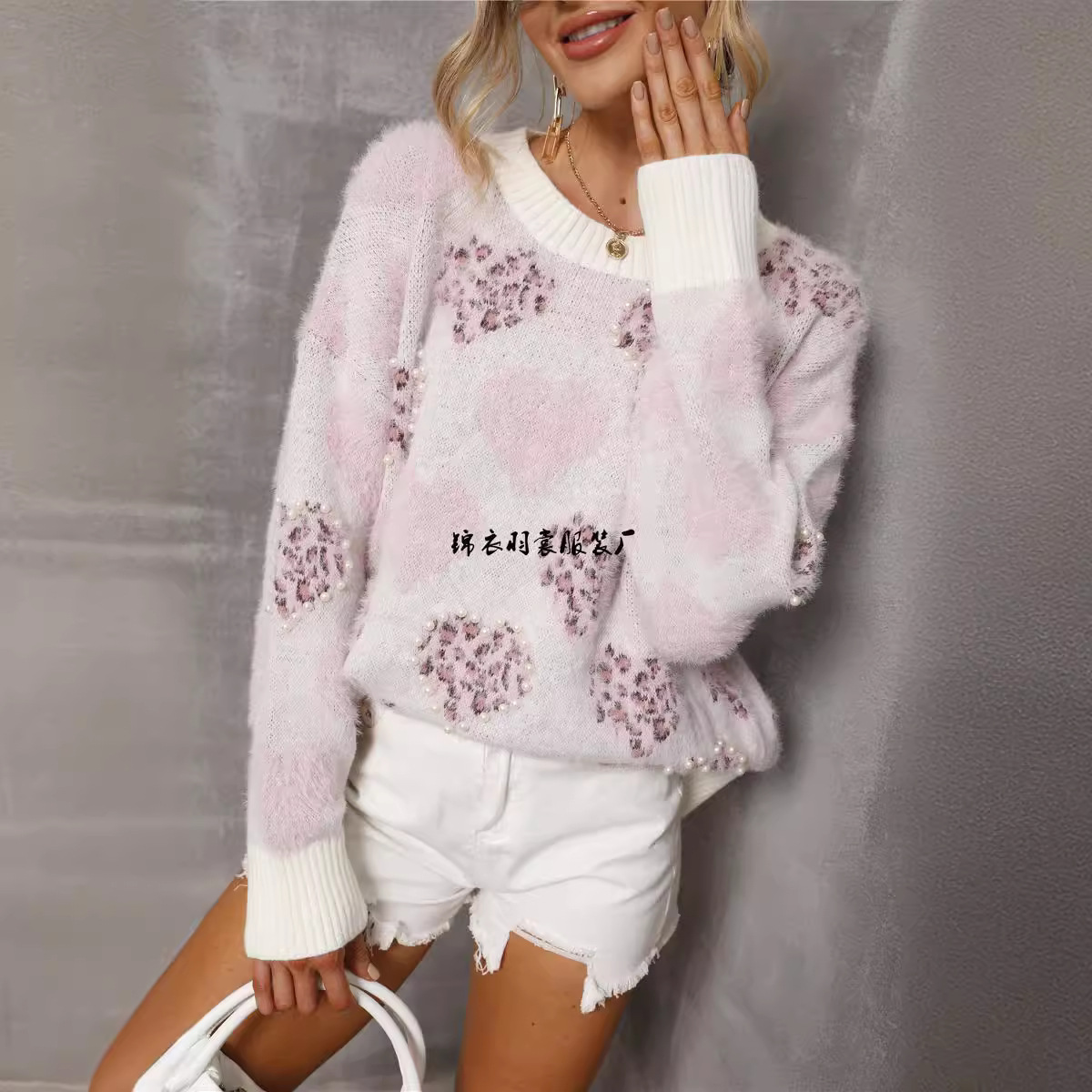 Plus Size Beaded Heart Crewneck Pullover Sweater