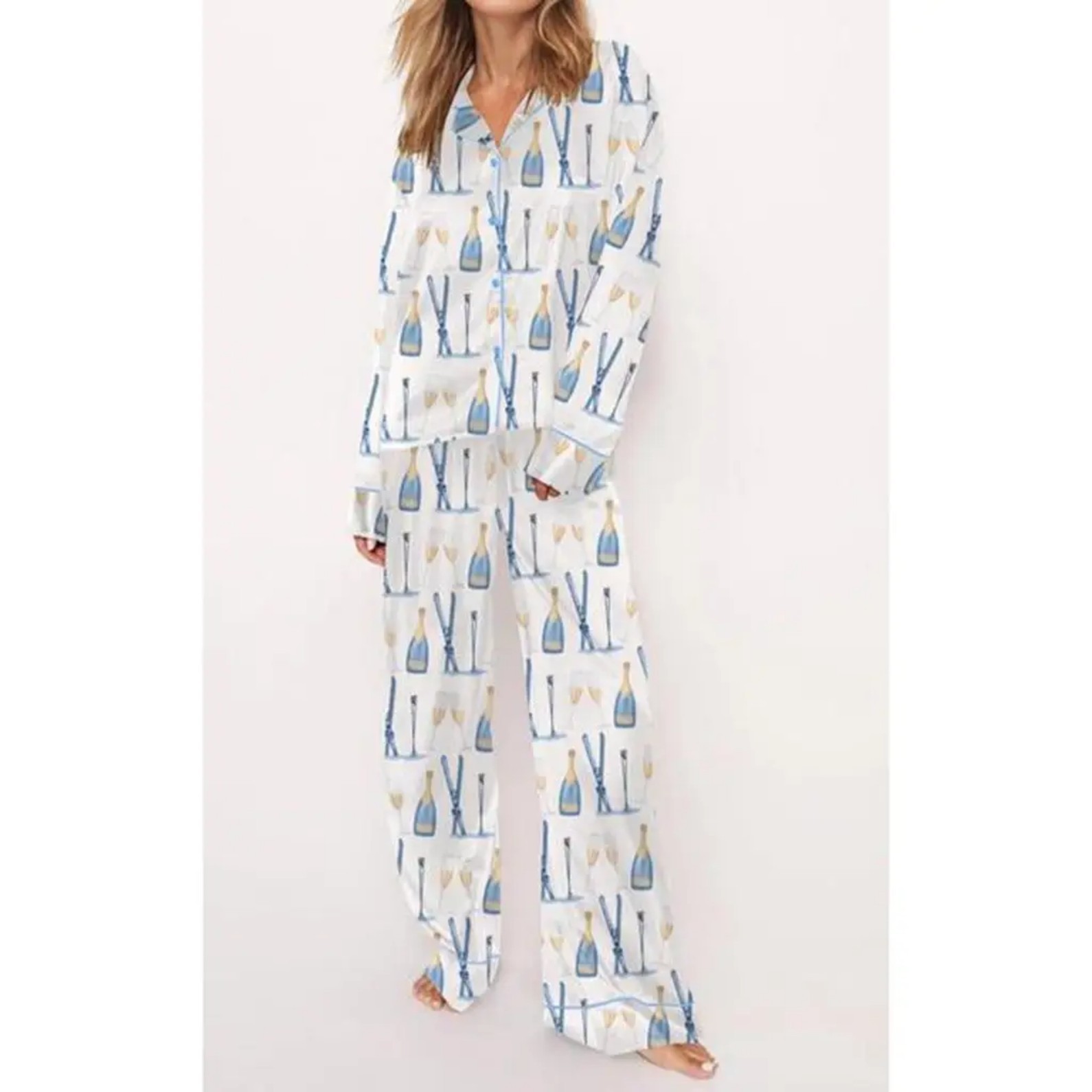 Christmas Tree Print Cuban Collar Long Sleeve Women's Shirt Set