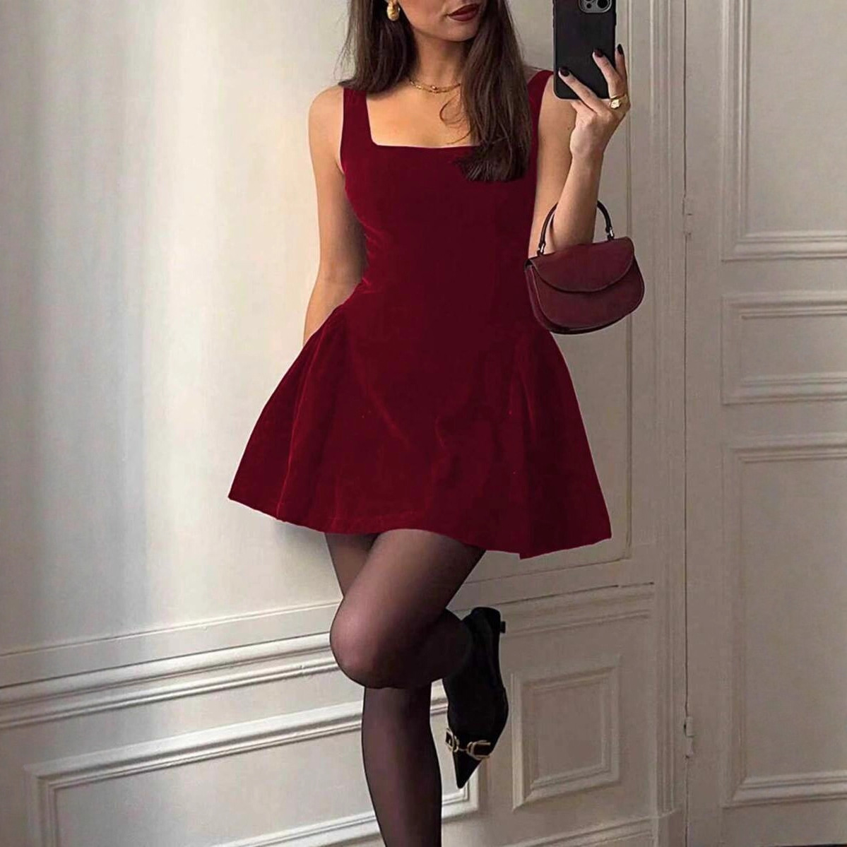 French Style Velvet Slip Dress A-Line Mini
