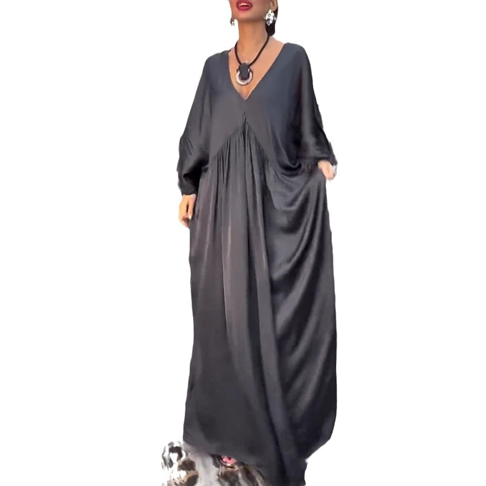 Solid V-Neck Long Sleeve Cinched Waist Loose Dress