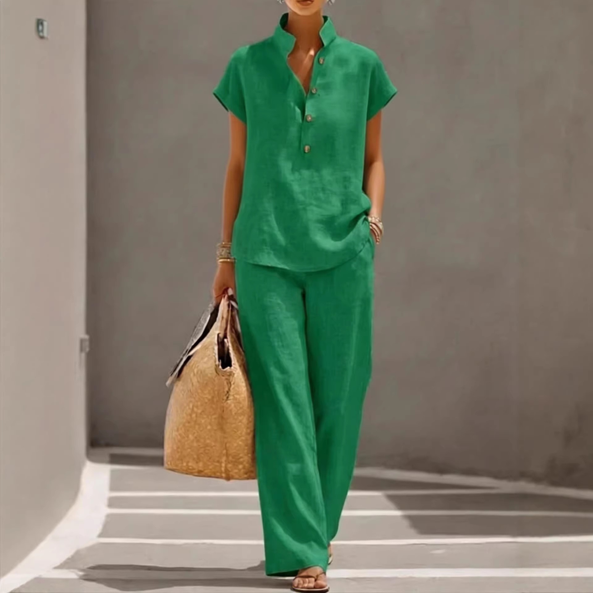 Women's Casual Open-Front Short-Sleeve Top and Pants Solid Color Set