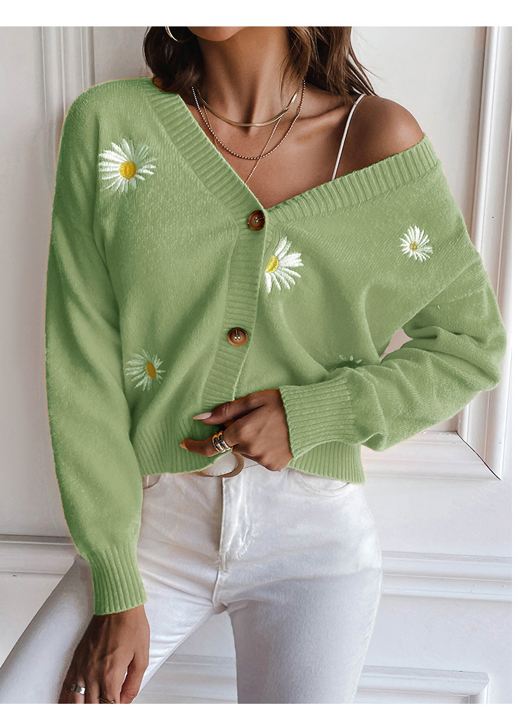 Daisy Embroidered V-Neck Cardigan Sweater