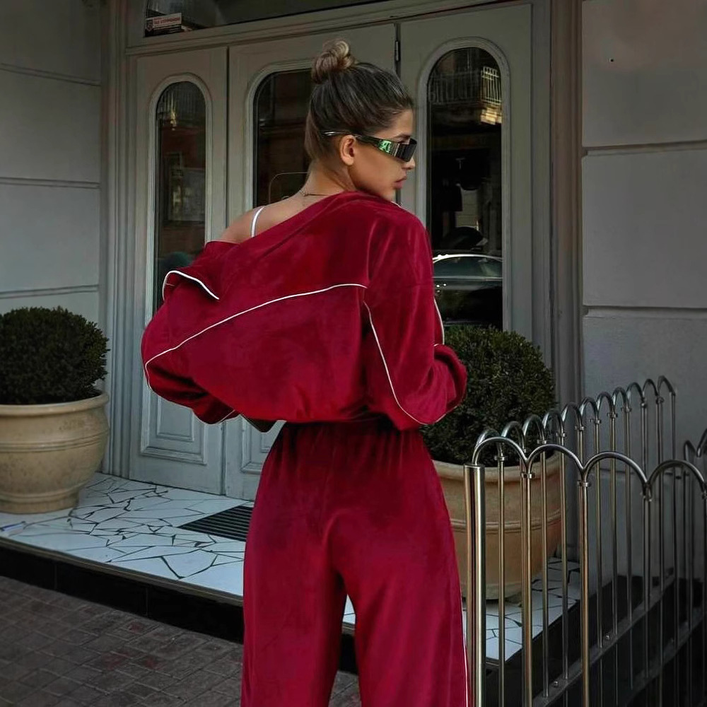 Velvet Zip-Up Long Sleeve Two-Piece Pants Set