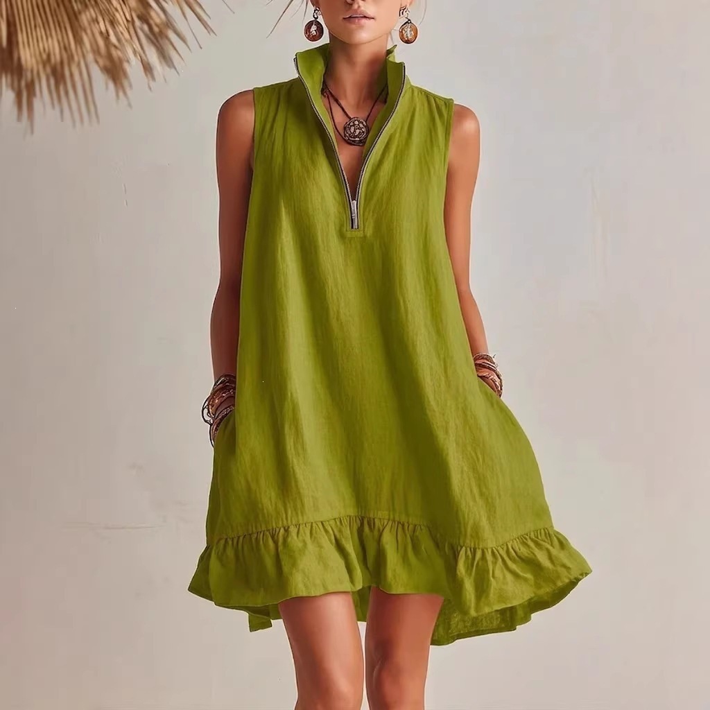 Cotton Linen Solid V-Neck Sleeveless A-Line Dress
