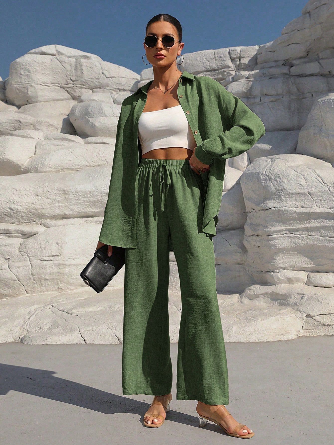 Women's Solid Color Long Cardigan & Pants Set Casual Elegant Shirt Two-Piece