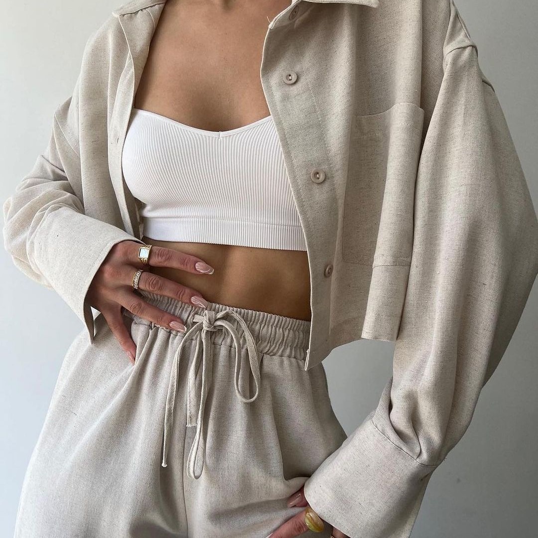 Solid Color Long Sleeve Cropped Shirt and Drawstring Pants Set