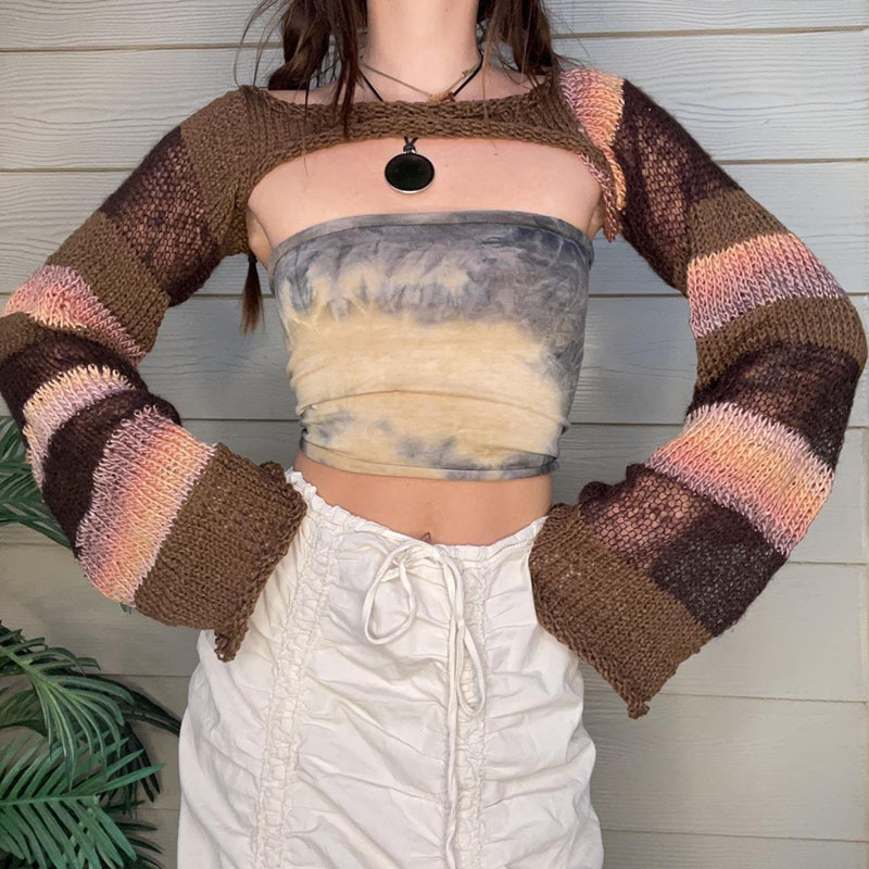Color-Block Flared-Sleeve Cropped Knit Top