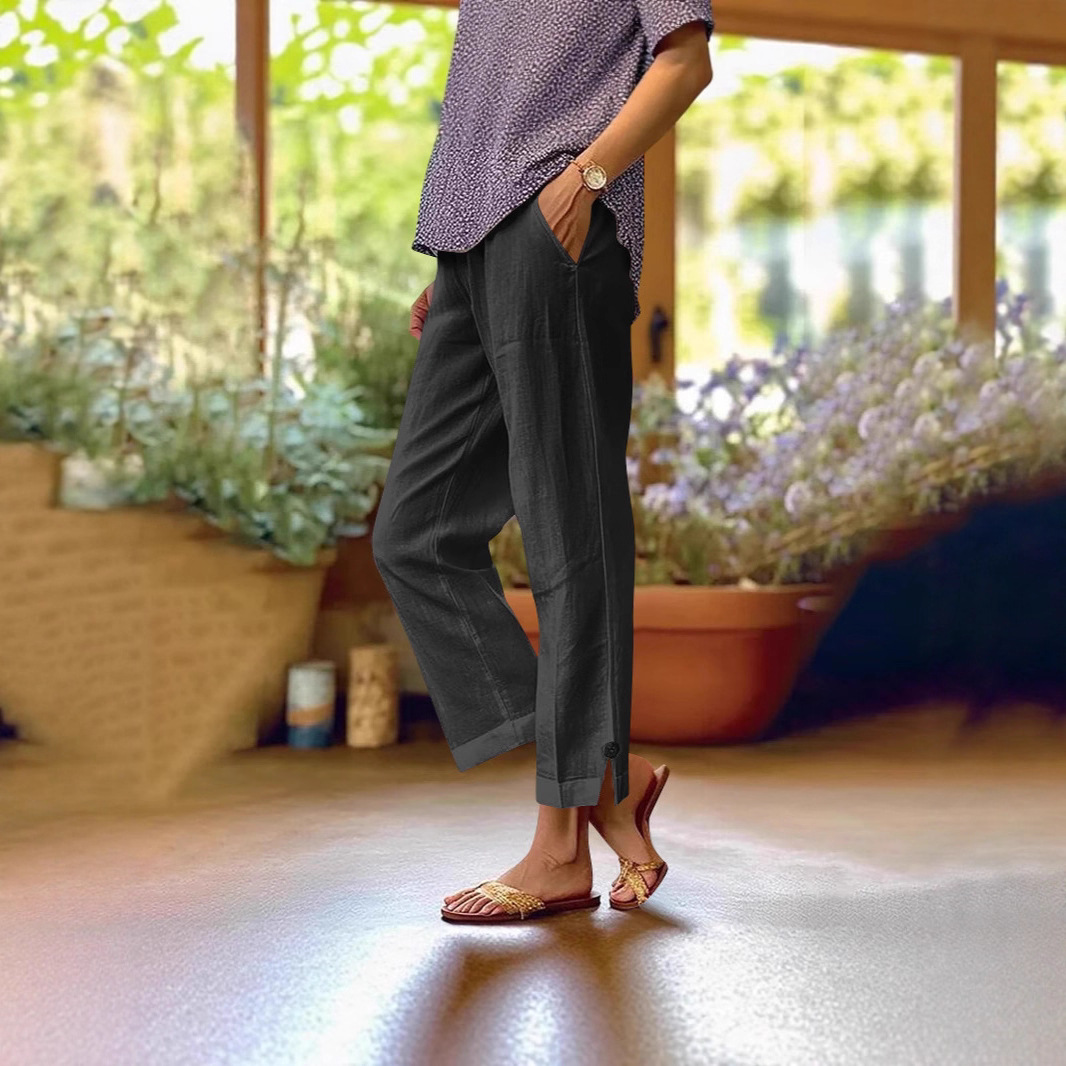 Women's Cotton-Linen Wide-Leg Pants with Elastic Waist and Pockets