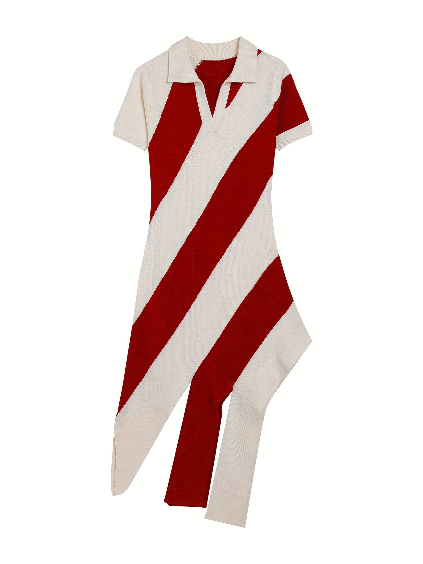 Slim-Fit Knit Polo Dress with Fringe Striped Color-Block Short Sleeves
