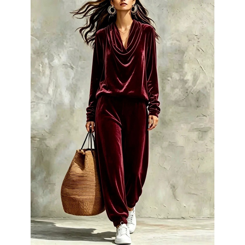 Women's Cowl Neck Long Sleeve Top and Jogger Pants Set Slimming Casual Two-Piece
