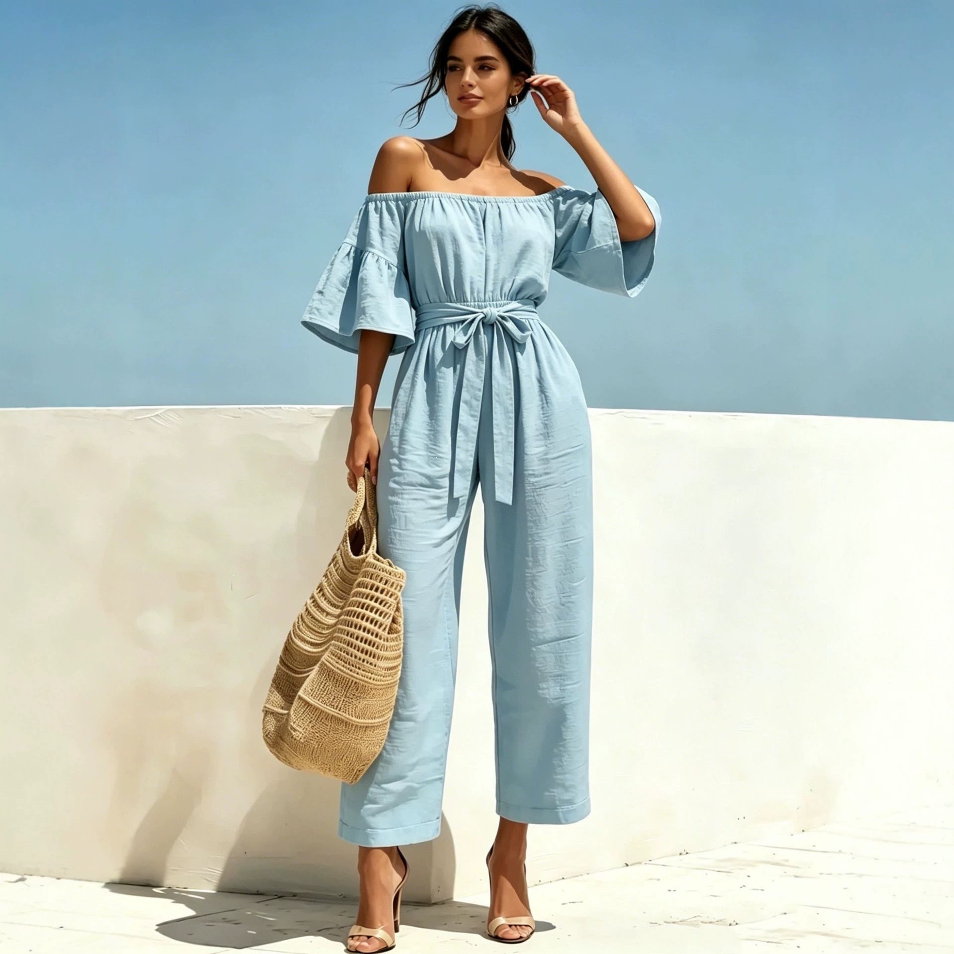 Women's Off-Shoulder Ruffle Wide-Leg Jumpsuit with Tie Belt