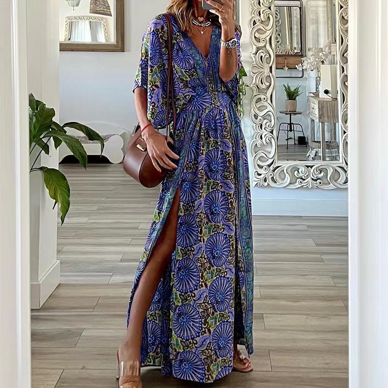 Boho Floral Print V-Neck Short Sleeve Side Slit Maxi Dress