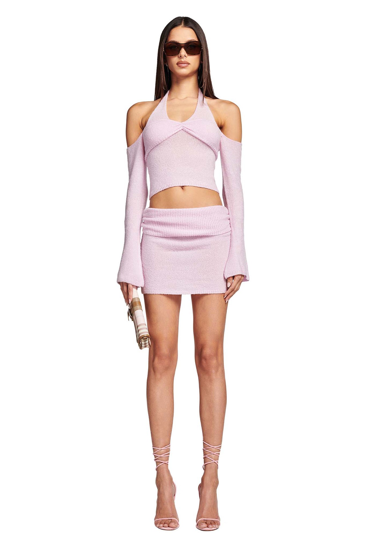 Sexy Off-Shoulder Halter Long-Sleeve Open-Back Crop Top and Mini Skirt Knit Set