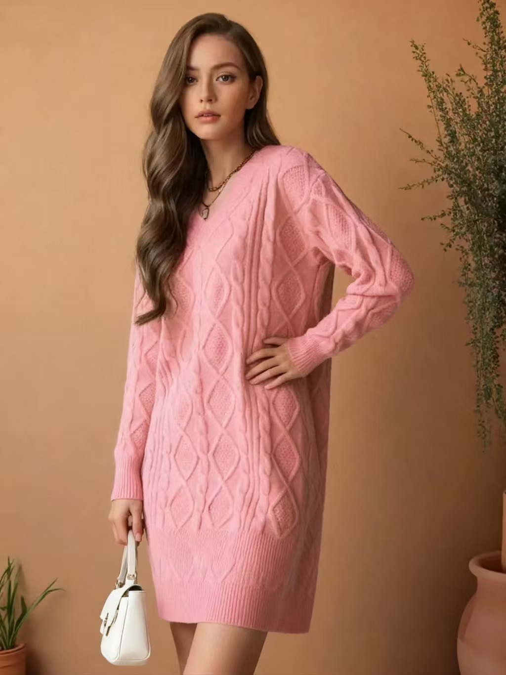 V-Neck Cable-Knit Midi Sweater Dress Solid Color