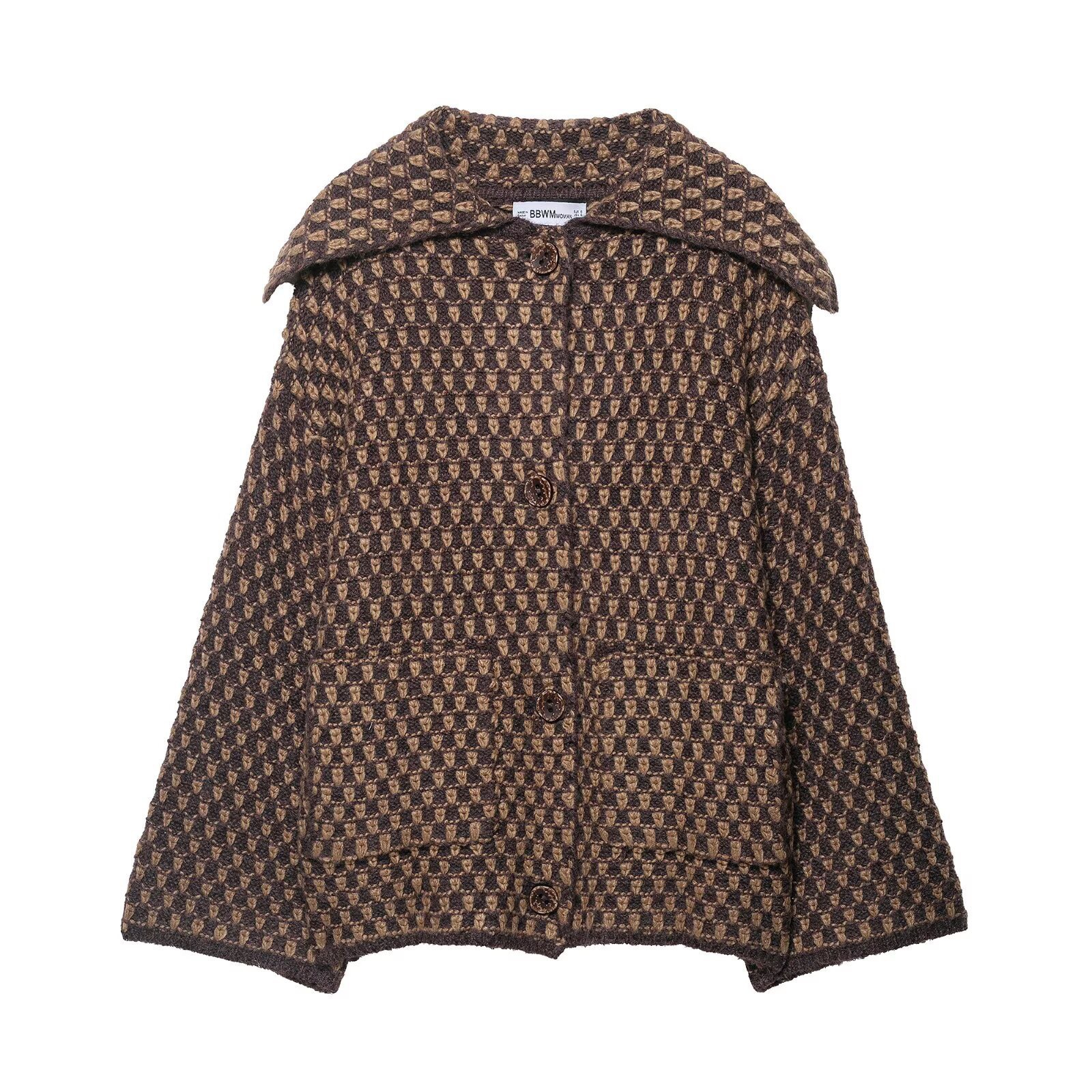 Women's Plaid Knit Cardigan with Lapel Collar