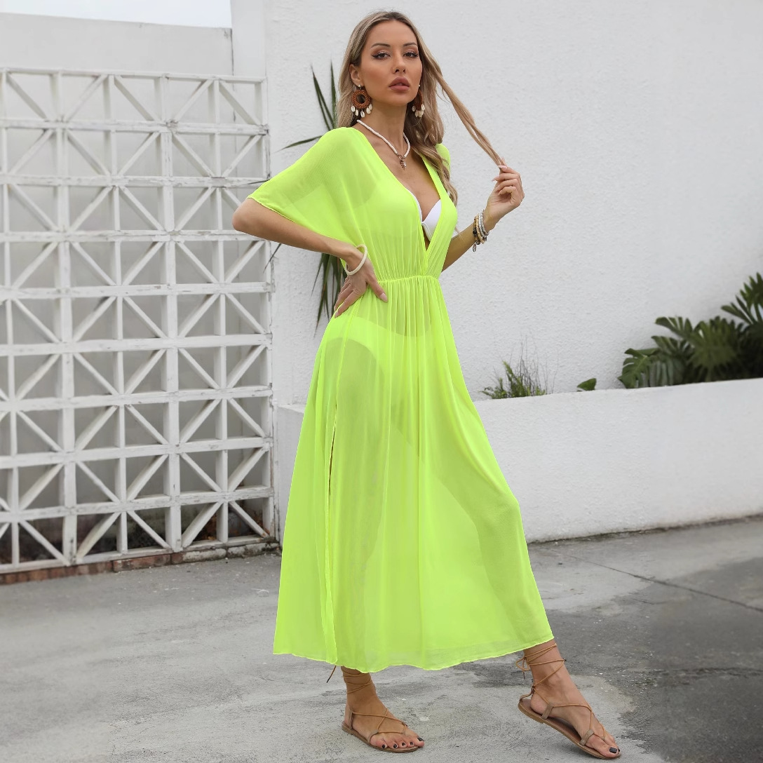 Women's Sheer Mesh V-Neck High Slit Beach Cover-Up Dress