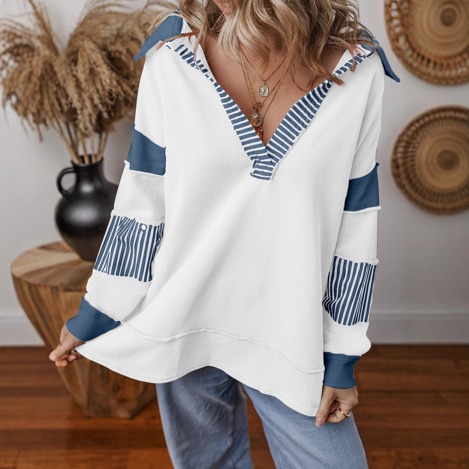 Deep V-Neck Striped Color-Block Long-Sleeve Loose Pullover Sweatshirt