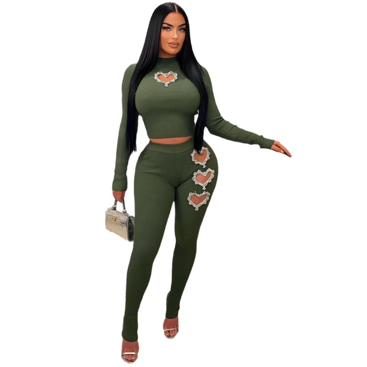 Women's Heart Rhinestone Long Sleeve Solid Color Pant Set